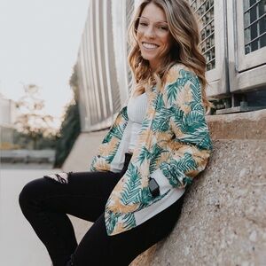 Lucca X Wild Fang Palm Leaf Button Down Bomber Jacket Size XS